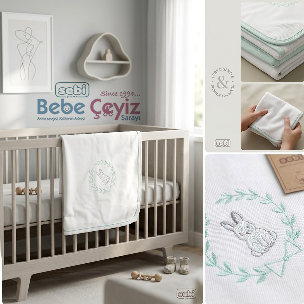 SEBİ PRİME Selanik Tavşan Tema Battaniye ( Ekru Mint )