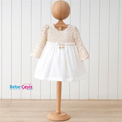 MYMİO Boncuklu Naturel Kız Uzun Kol Ellbise