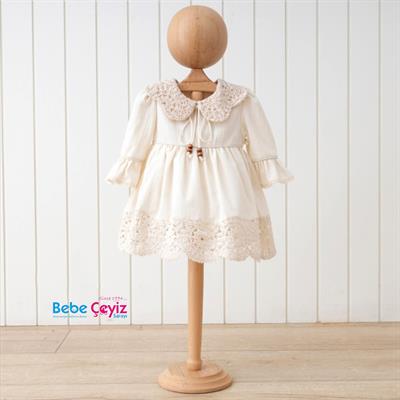 MYMİO Boncuklu Naturel Kız Bebe Yakalı Ellbise