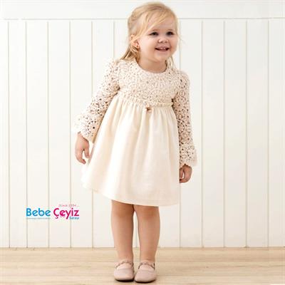 MYMİO Boncuklu Naturel Kız Uzun Kol Ellbise