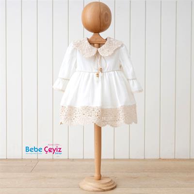 MYMİO Boncuklu Naturel Kız Bebe Yakalı Ellbise