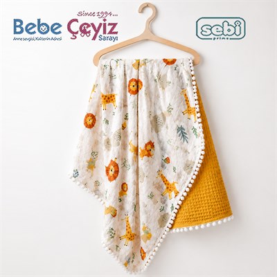 Sebi Çift Kat Ponponlu Müslin Bebek Battaniyesi (80x90)