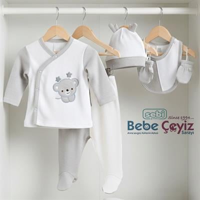 SEBİ PRİME  Waffle Kumaş Yıldız Ayılı 5li Hastane Çıkışı ( Gri ) ( 0-3 Ay )