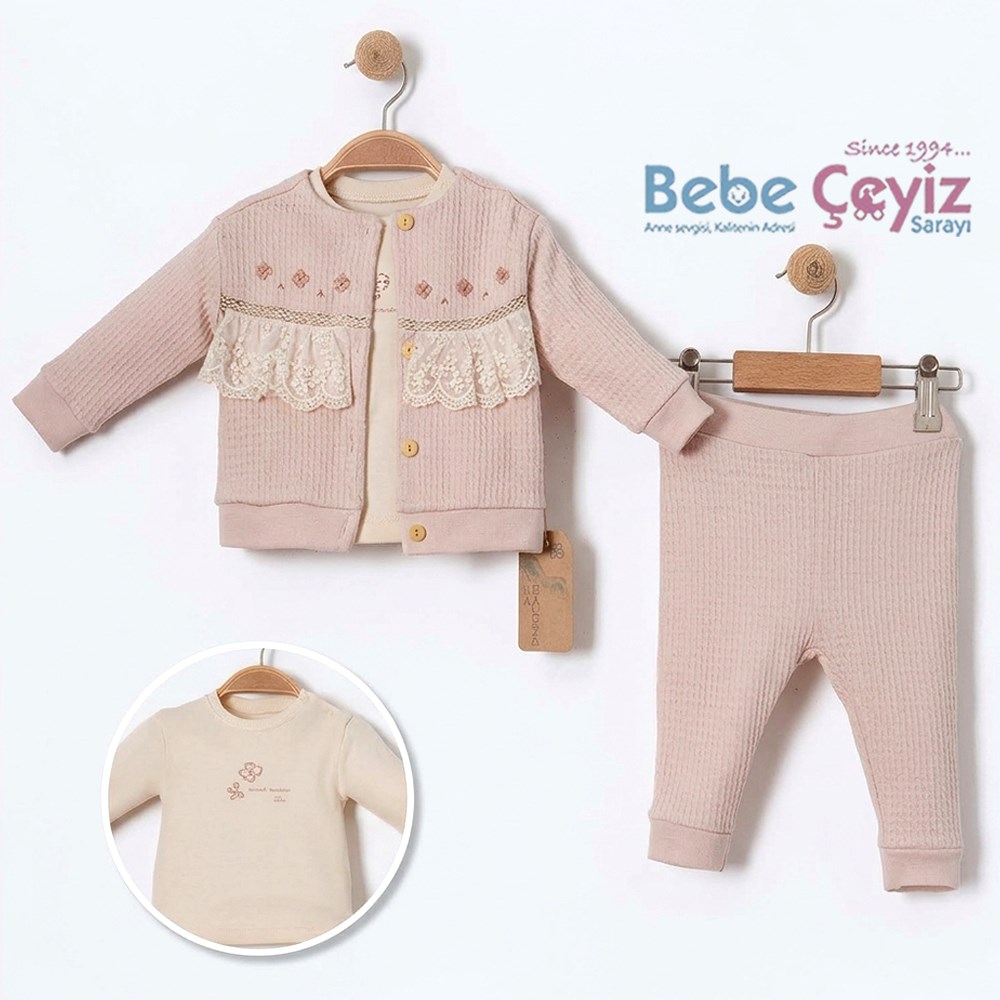 ANNABABBA  Ruffle Hırkalı 3'lü Takım ( Gül )