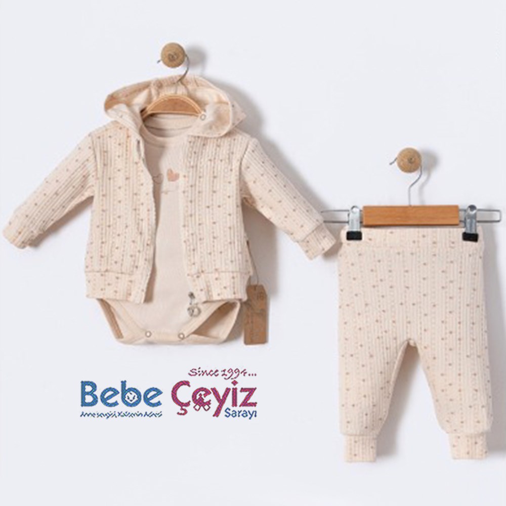 BEBESSİ Hırkalı Kalpli 3'lüTakım ( Bej )