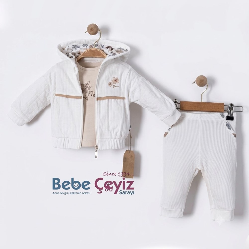 BEBESSİ Hırkalı Vintage 3'lü Takım ( Ekru )