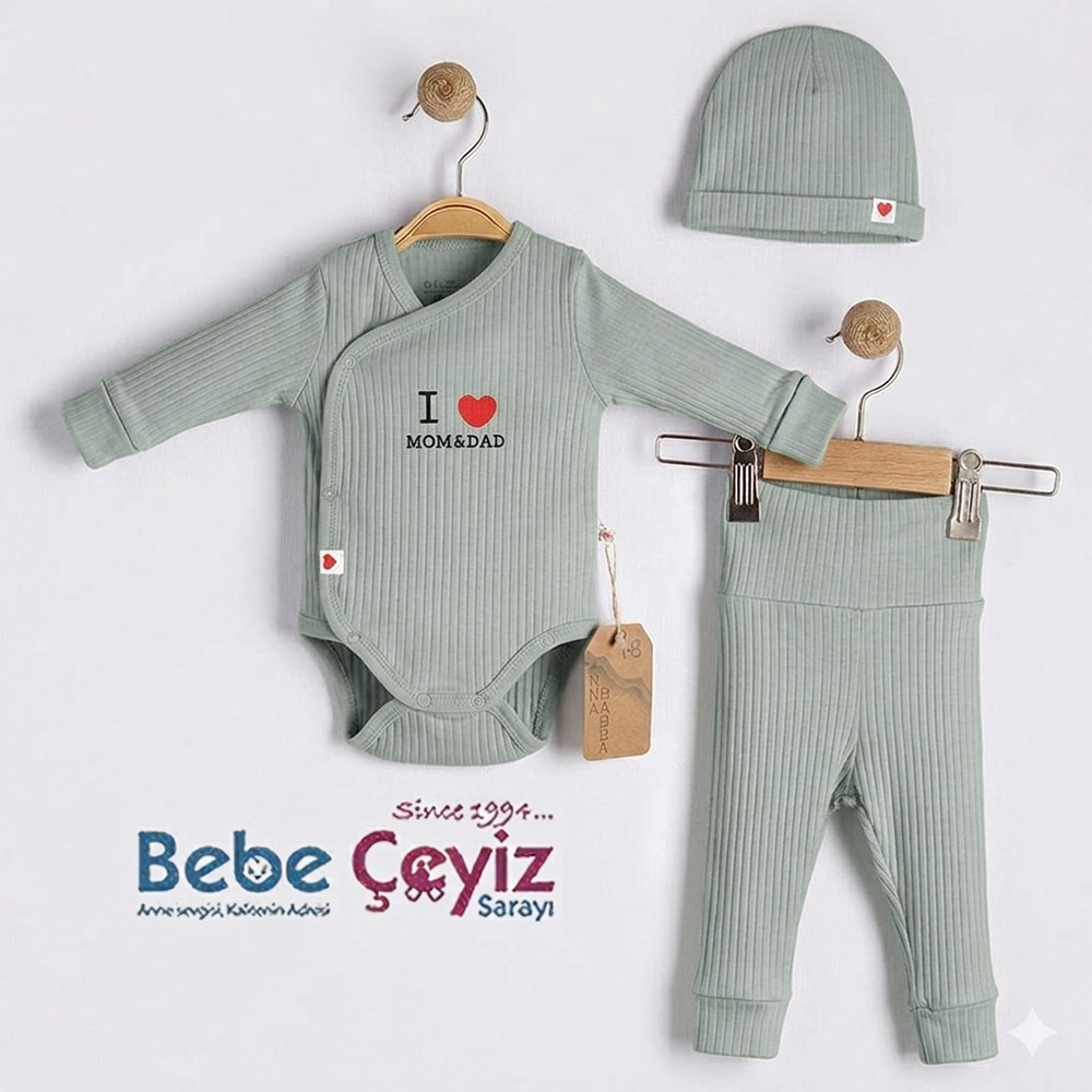 BEBESSİ Kaşkorse Love Mom Dad 3'lü Takım ( Yeşil )