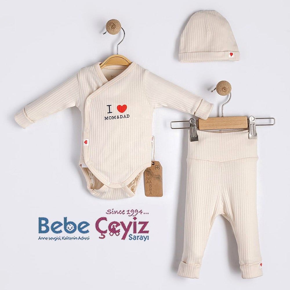 BEBESSİ Kaşkorse Love Mom Dad 3'lü Takım ( Bej )