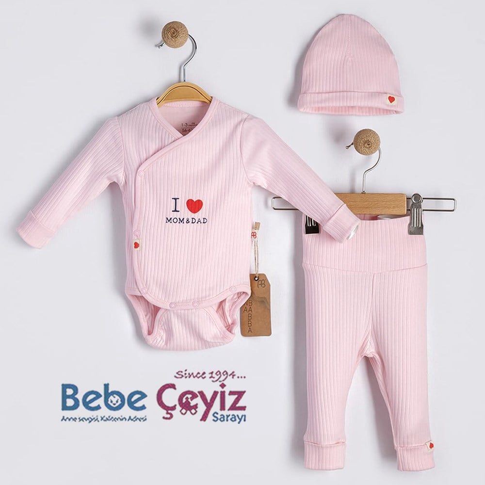 BEBESSİ Kaşkorse Love Mom Dad 3'lü Takım ( Pembe )