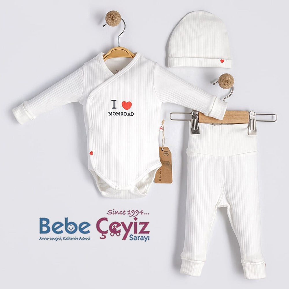 BEBESSİ Kaşkorse Love Mom Dad 3'lü Takım ( Ekru )
