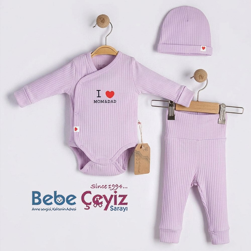BEBESSİ Kaşkorse Love Mom Dad 3'lü Takım  ( Lila )