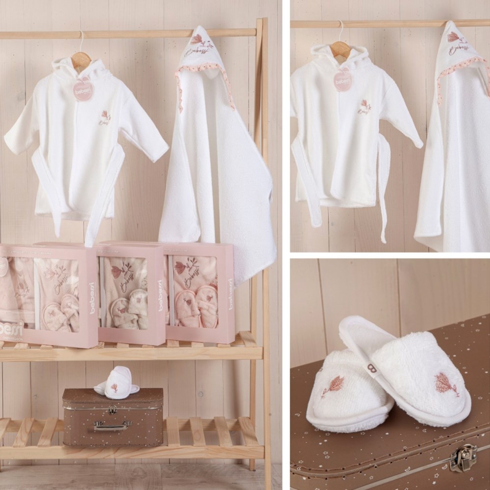 BEBESSİ Tulips Kutulu Bornoz Set  ( Ekru )