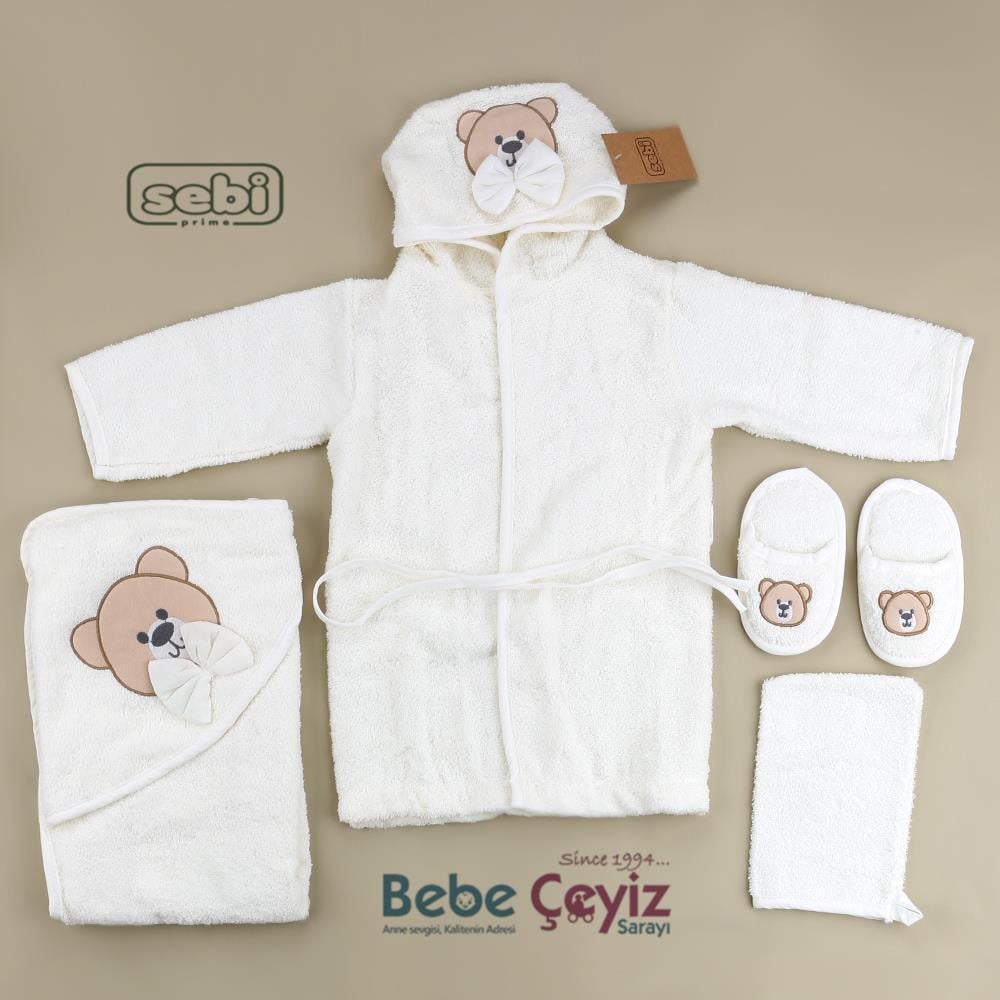 SEBİ PRİME Ayı Desen Bornoz Set ( Ekru )