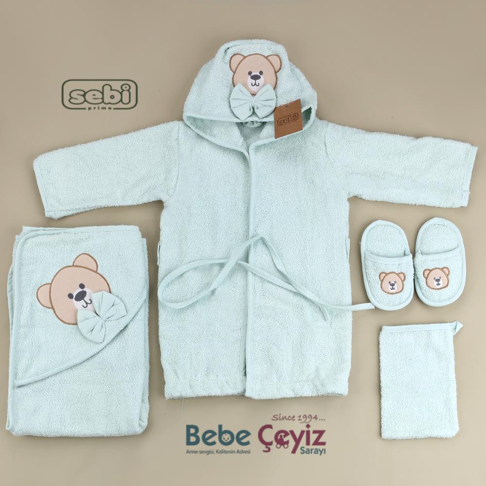SEBİ PRİME Ayı Desen Bornoz Set ( Mint )