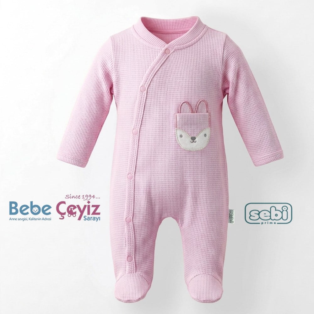 SEBİ PRİME Kedili Kruvaze Waffle Tulum ( Pembe )
