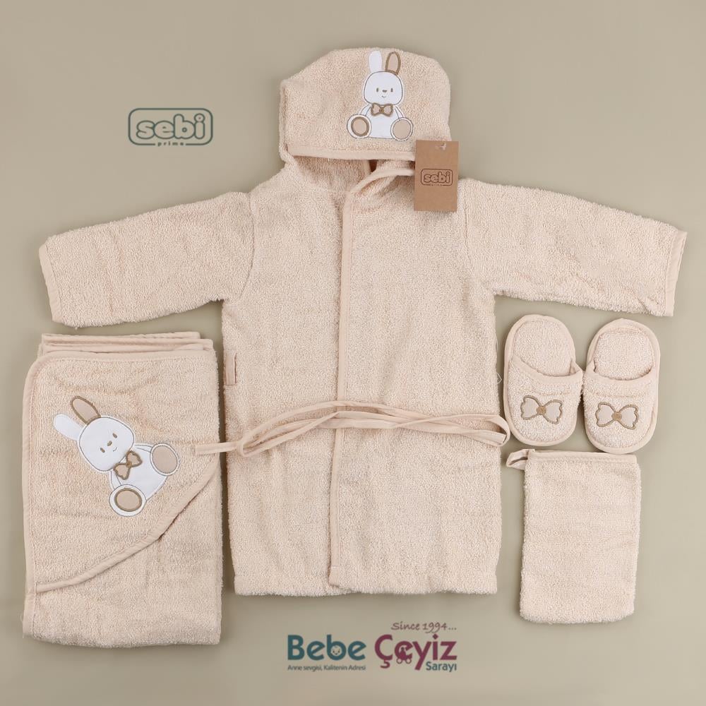 SEBİ PRİME Tavşan Desen Bornoz Set ( Bej )