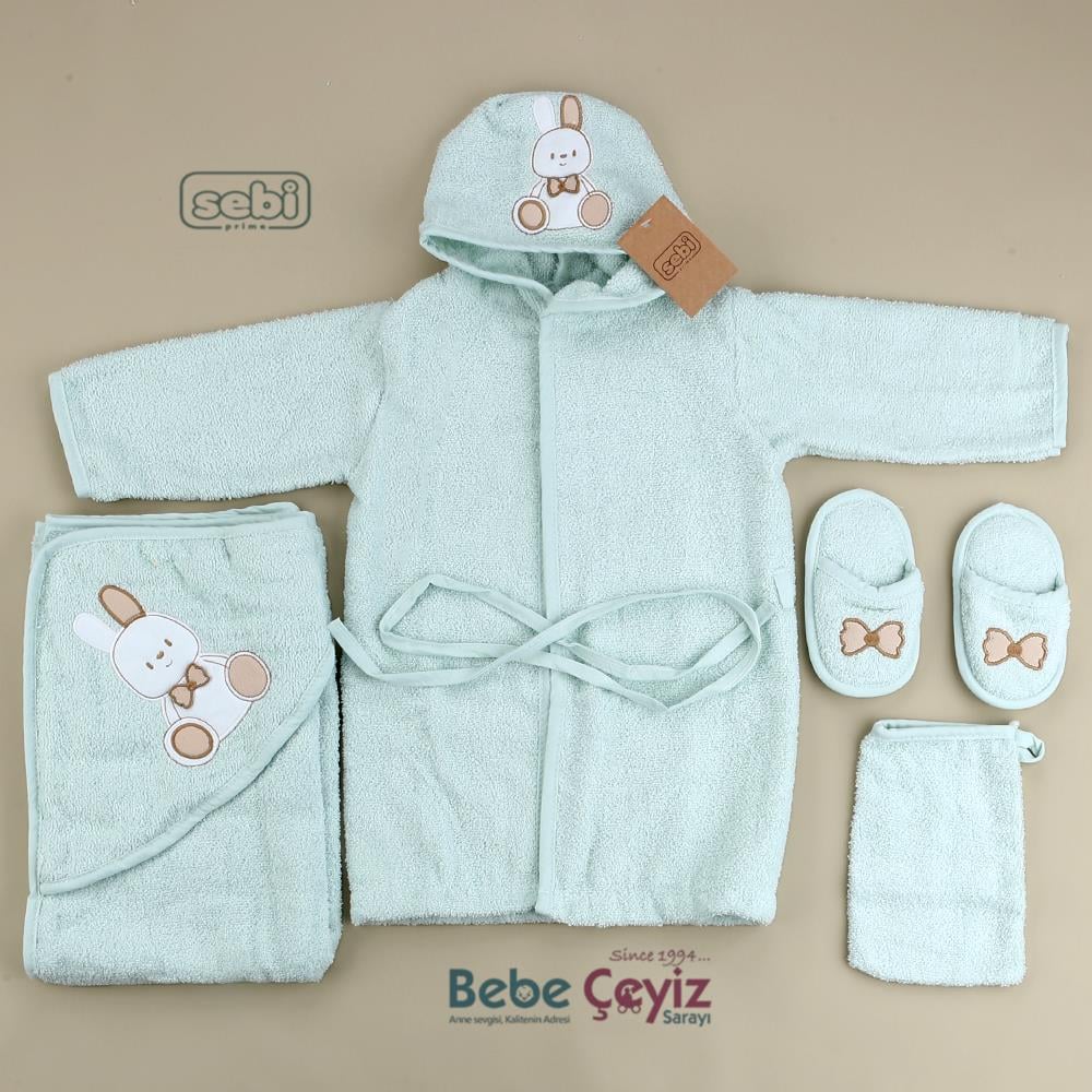 SEBİ PRİME Tavşan Desen Bornoz Set ( Mint )