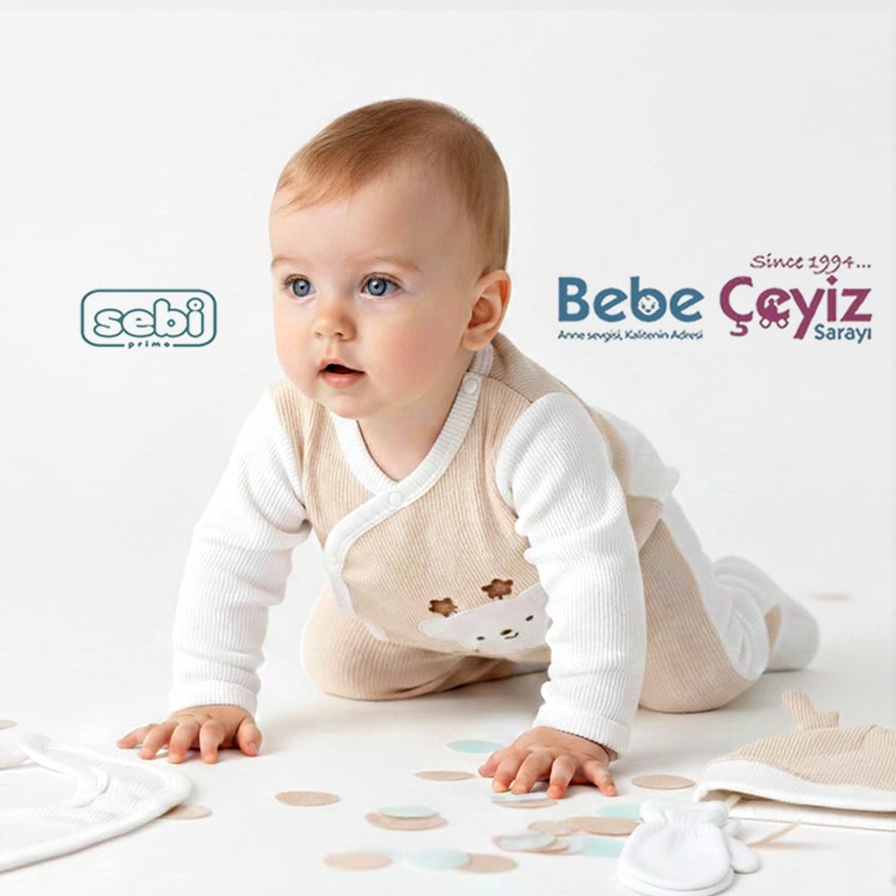 SEBİ PRİME  Waffle Kumaş Yıldız Ayılı 5'li Hastane Çıkışı ( Bej ) ( 0-3 Ay )