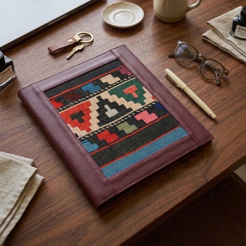 Antika Kilim Detaylı A4 Boyutunda Bordo Renk Deri Organizer