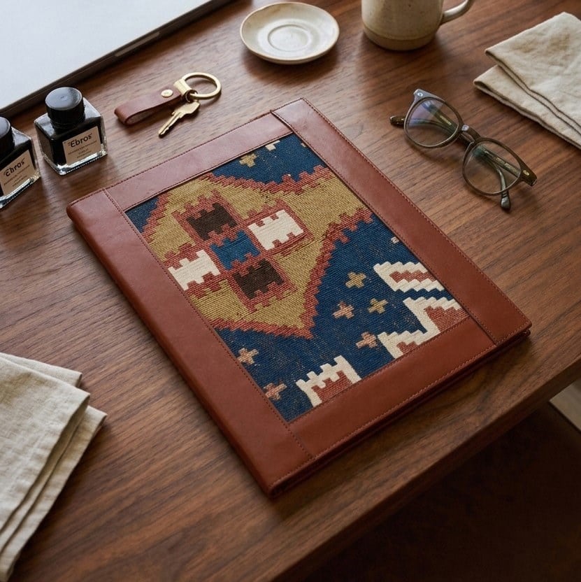 Antika Kilim Detaylı A4 Boyutunda Taba Renk Deri Organizer