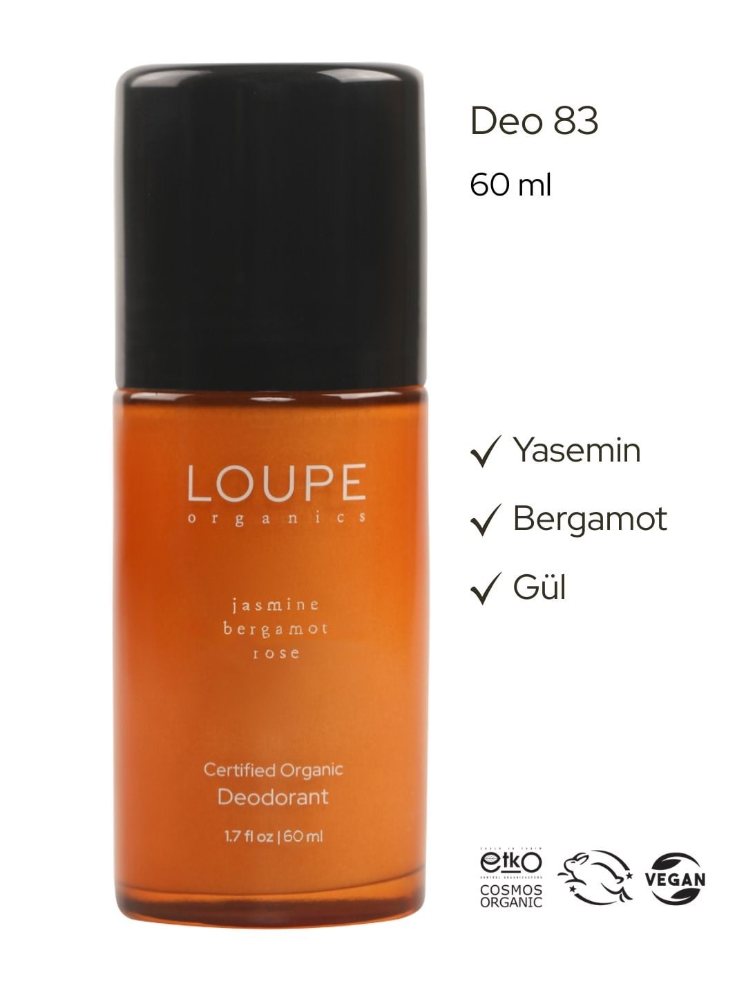 Deo83 60 ml | Bioaktif Deodorant. Sertifikalı Organik. %100 Doğal | Yasemin. Bergamot. Gül.