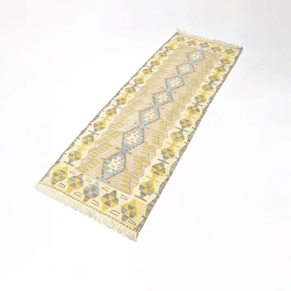 El Dokuma Sarı ve Mavi Renk Uşak Kilim Yolluk 60x170 cm