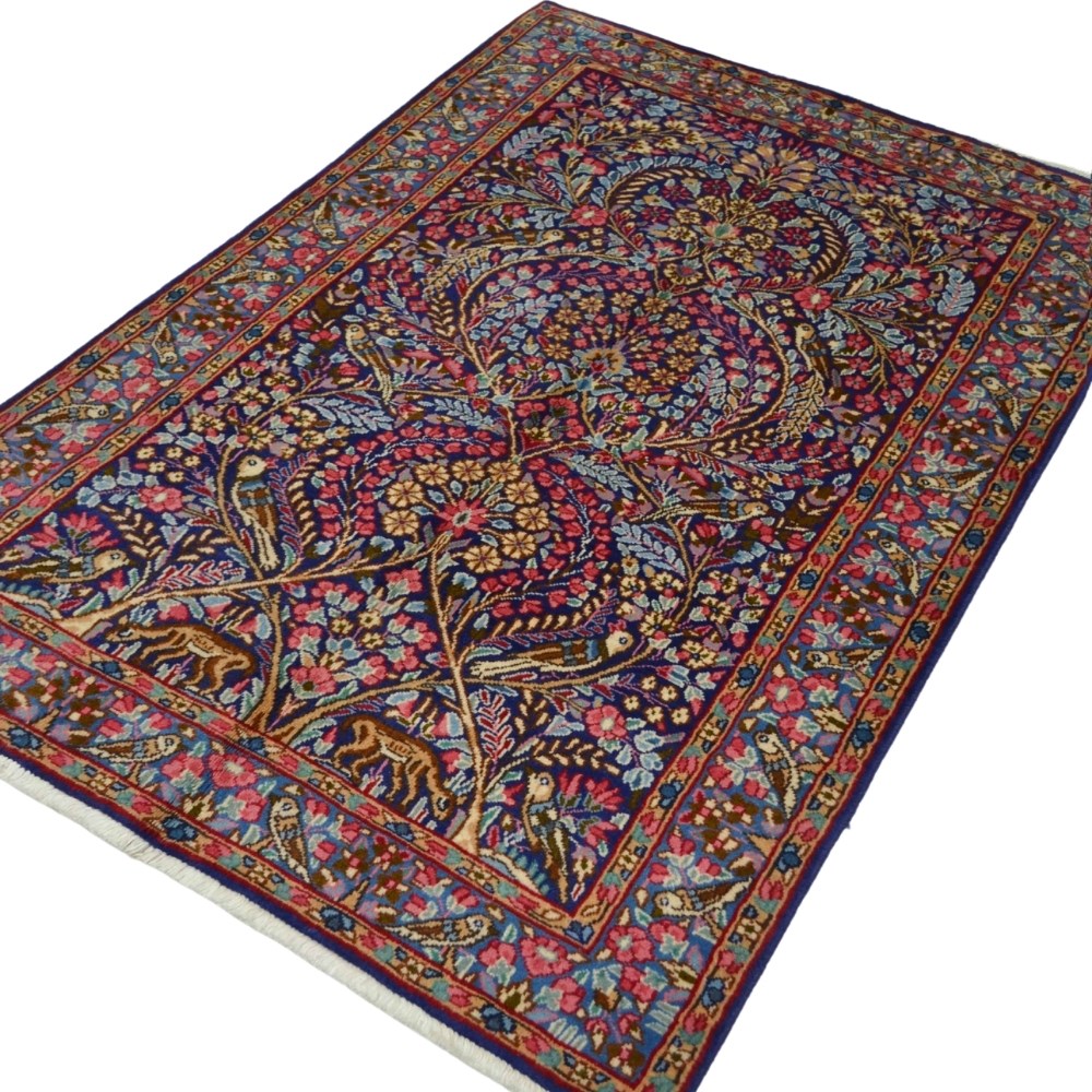 İran Kirman Halısı, El Dokuma, Doğa Tasvirli Mavi Renk 100x146 cm