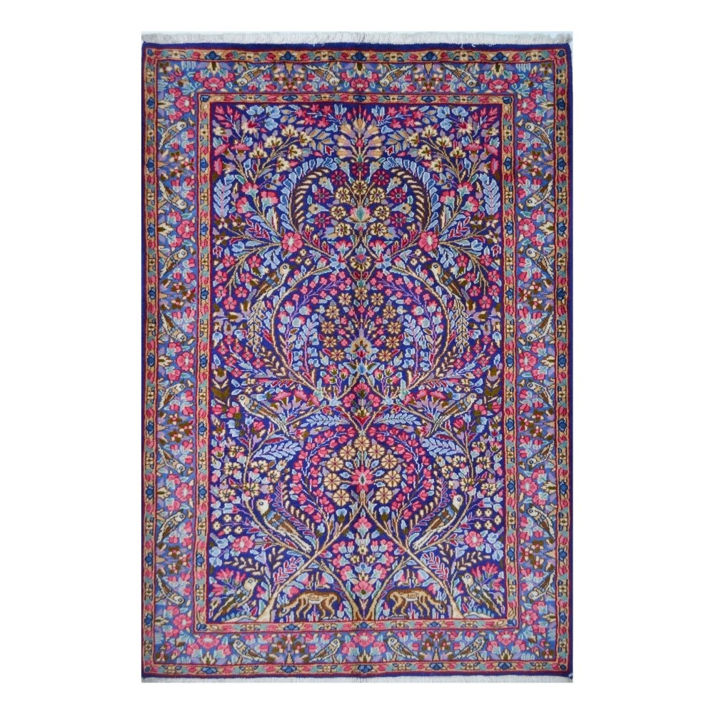 İran Kirman Halısı, El Dokuma, Doğa Tasvirli Mavi Renk 100x146 cm
