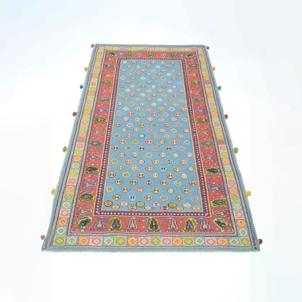 İran Zolanvari El Dokuma Kırmızı ve Mavi Yün Sumak Kilim 146x186 cm