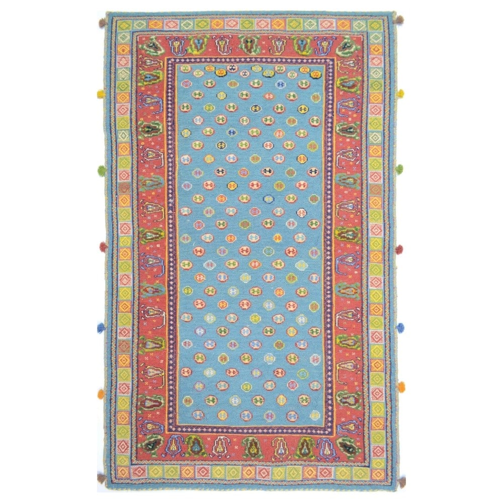 İran Zolanvari El Dokuma Kırmızı ve Mavi Yün Sumak Kilim 146x186 cm