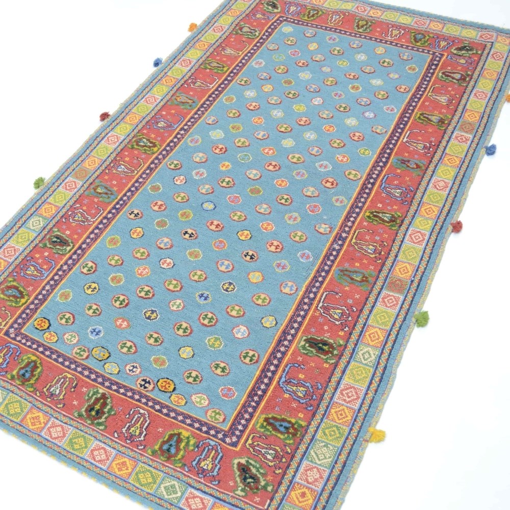 İran Zolanvari El Dokuma Kırmızı ve Mavi Yün Sumak Kilim 146x186 cm