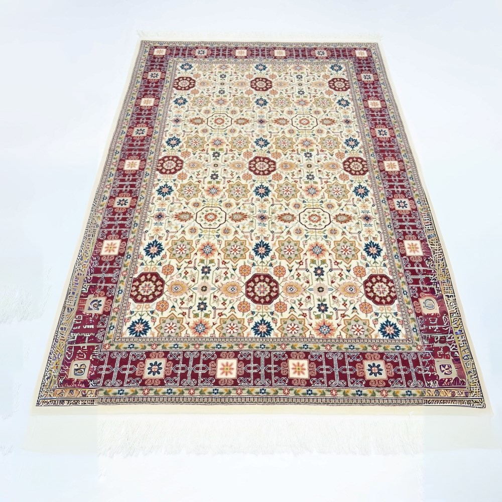 Kafkas Model Bordo ve Bej Renk Yünden El Dokuma Hereke Halısı 124x185 cm