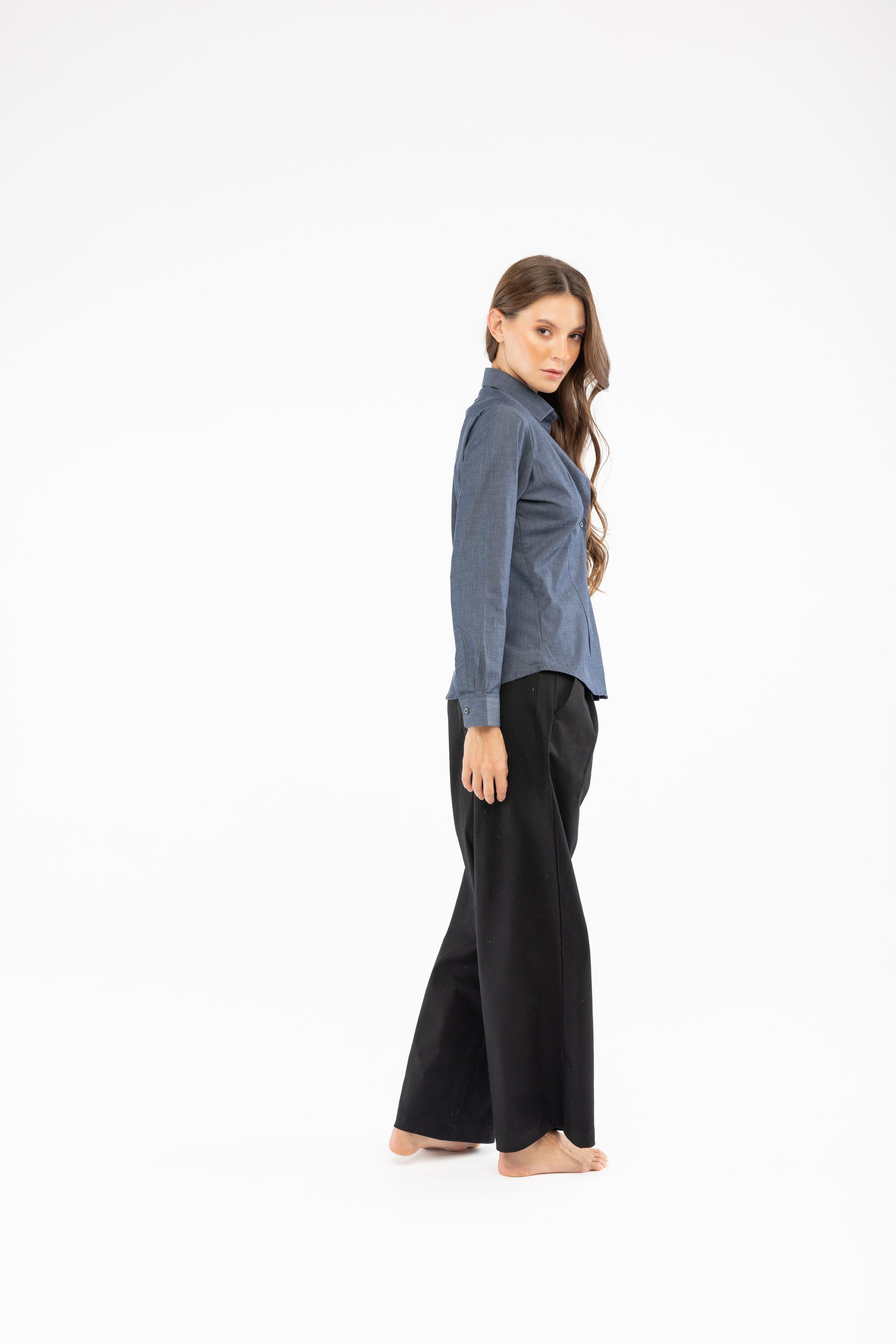Pamuk Slim Fit Kadın İndigo Gömlek