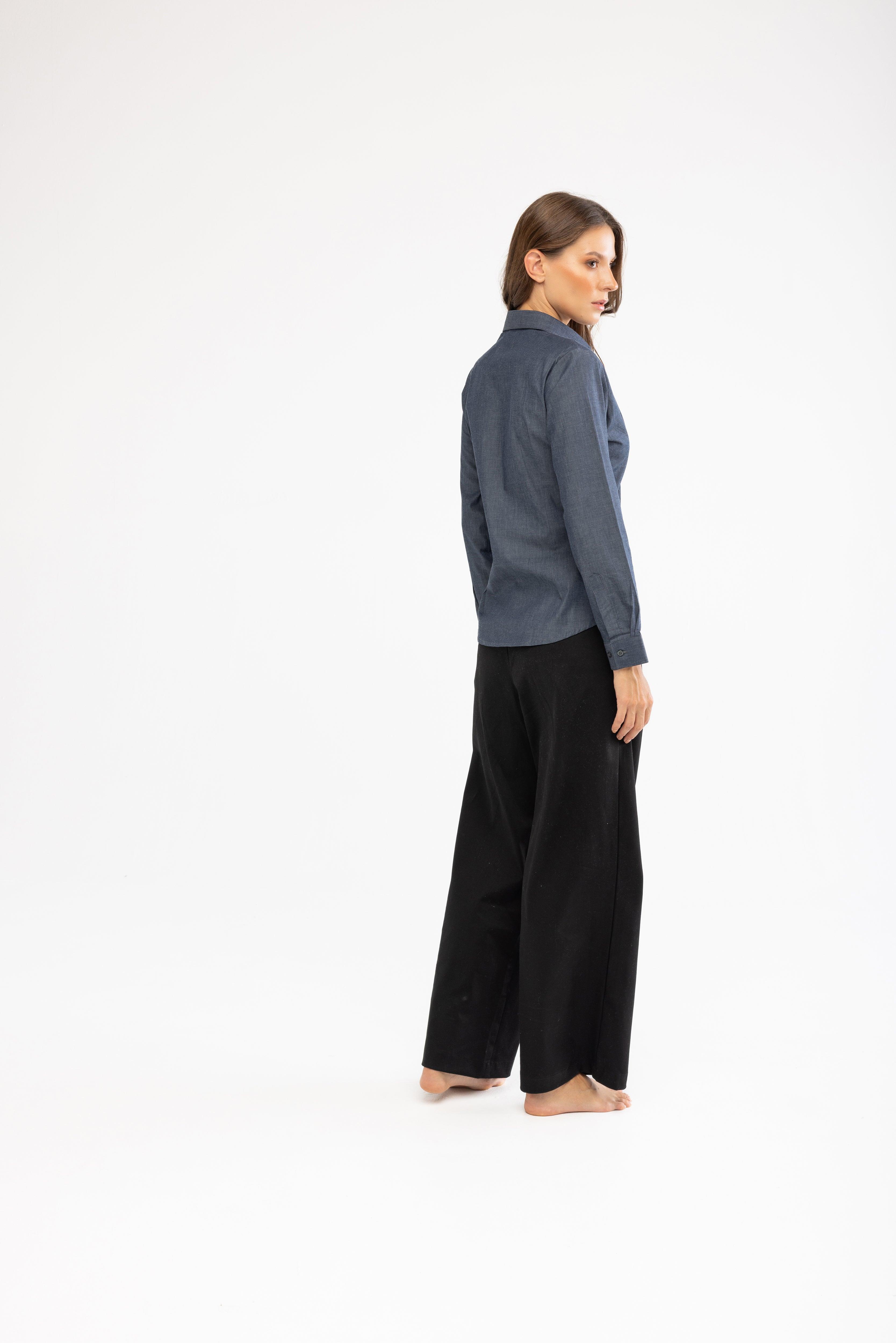 Pamuk Slim Fit Kadın İndigo Gömlek