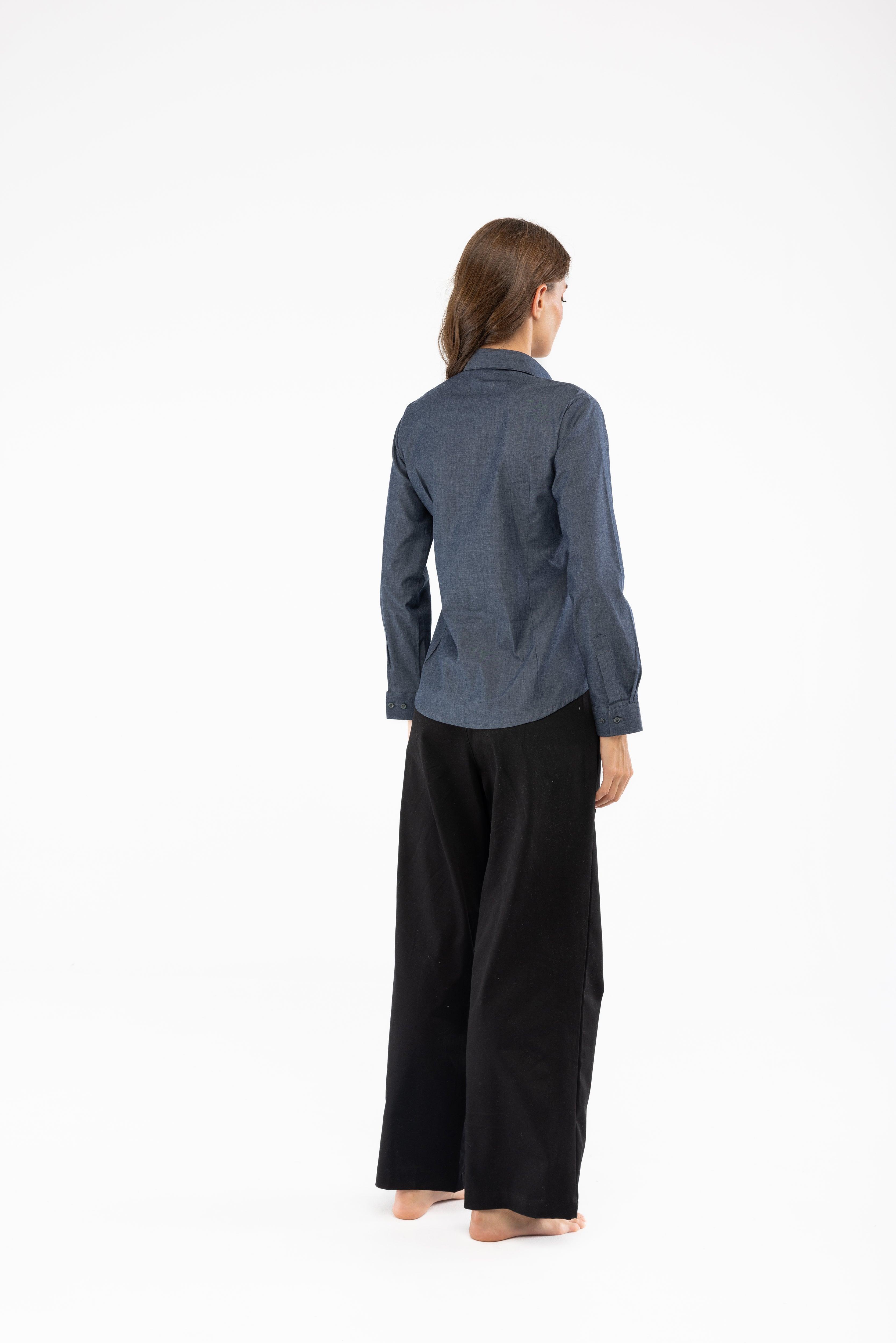 Pamuk Slim Fit Kadın İndigo Gömlek