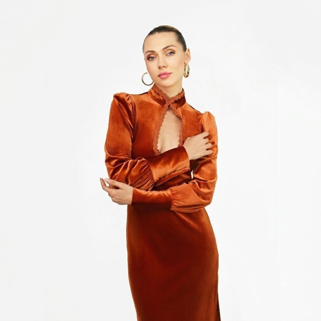 Tindra Cut-out Detailed Velvet Maxi Dress in Cinnamon 