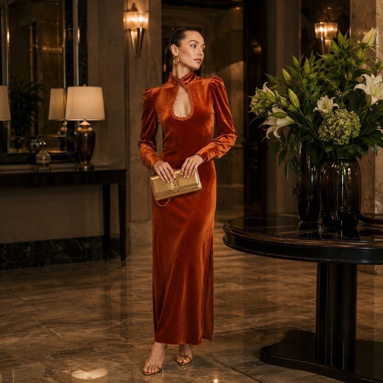 Tindra Cut-out Detailed Velvet Maxi Dress in Cinnamon 