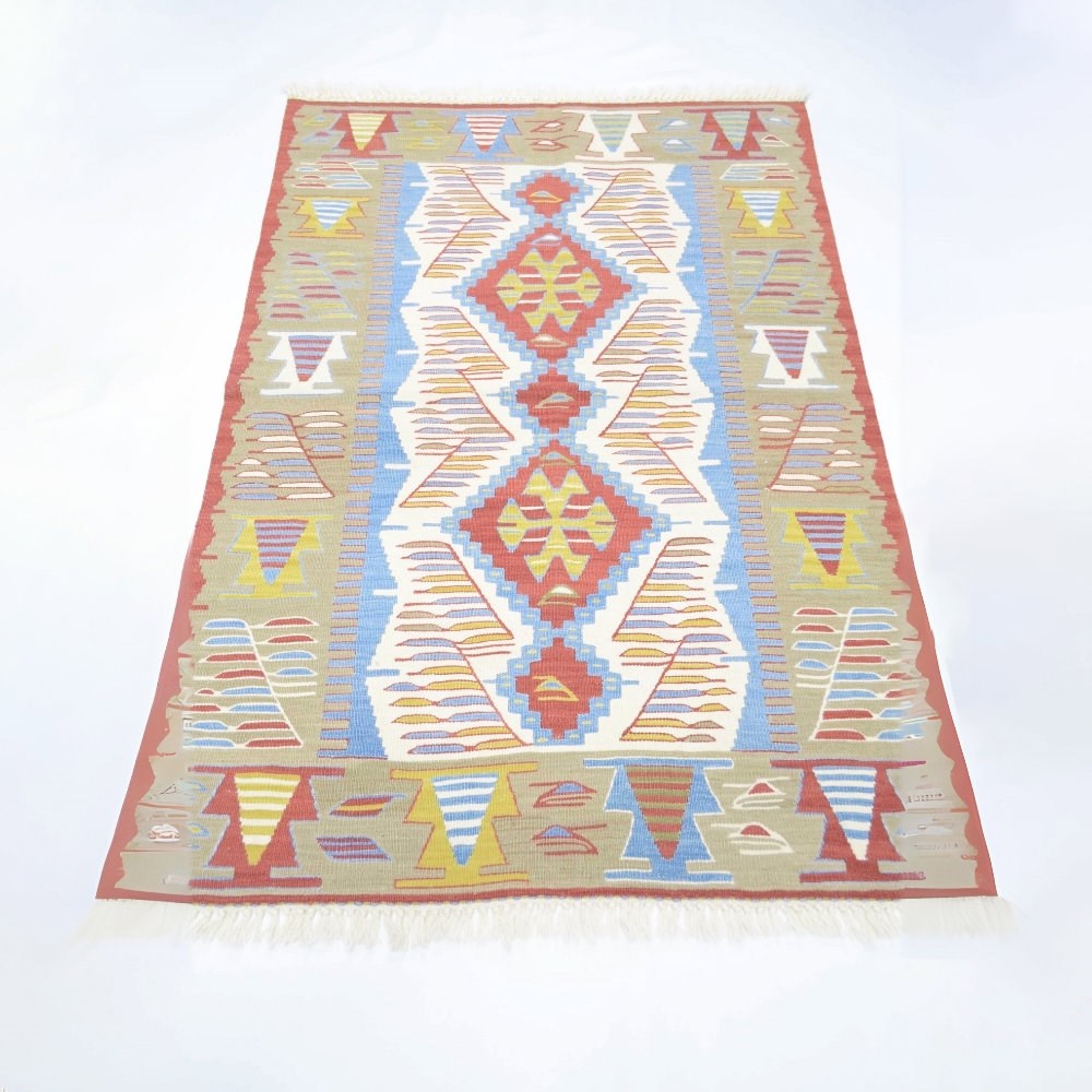 Uşak Yünden El Dokuma Yeşil, Mavi ve Kırmızı Renk Kilim 90x120 cm