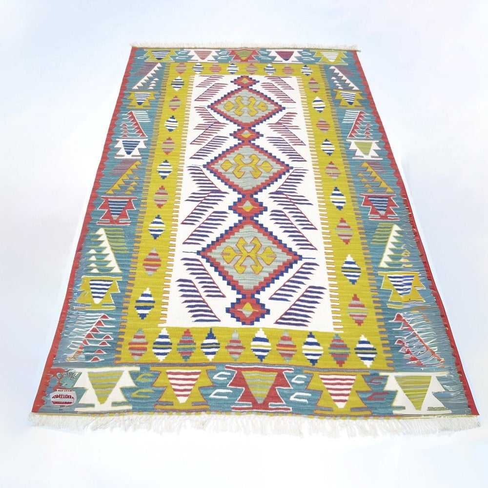 Uşak Yünden El Dokuma Yeşil, Sarı ve Bordo Renk Kilim 120x180 cm