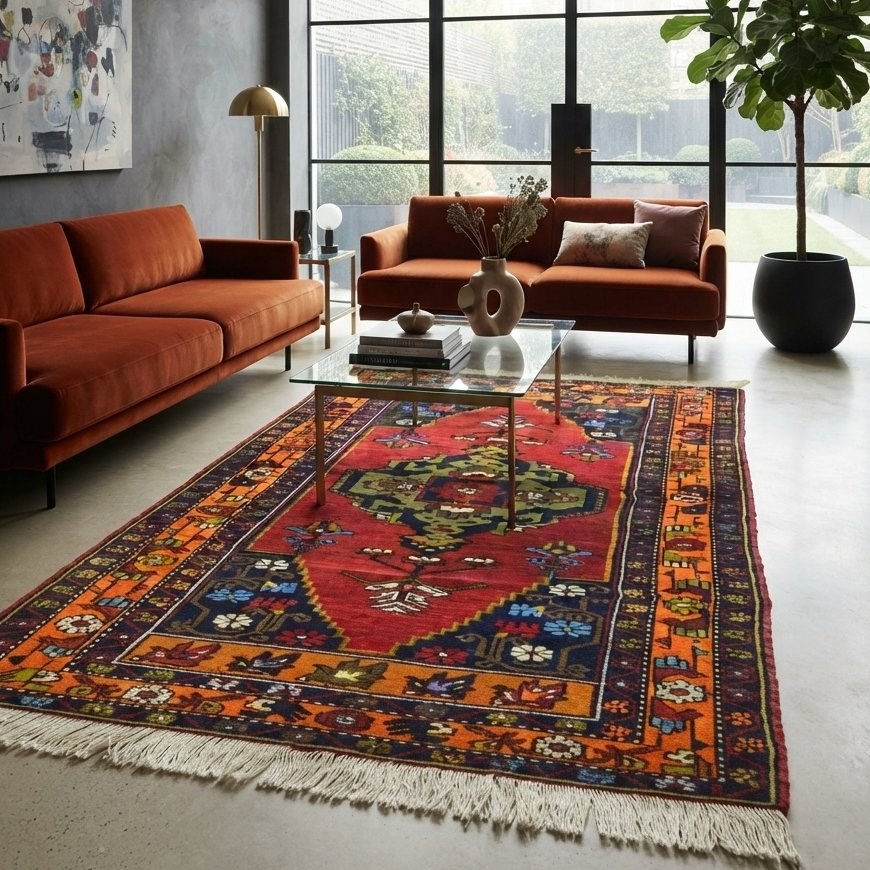 Vintage Niğde El Dokuma Halısı, Madalyon ve Çiçek Motifli 110x190 cm