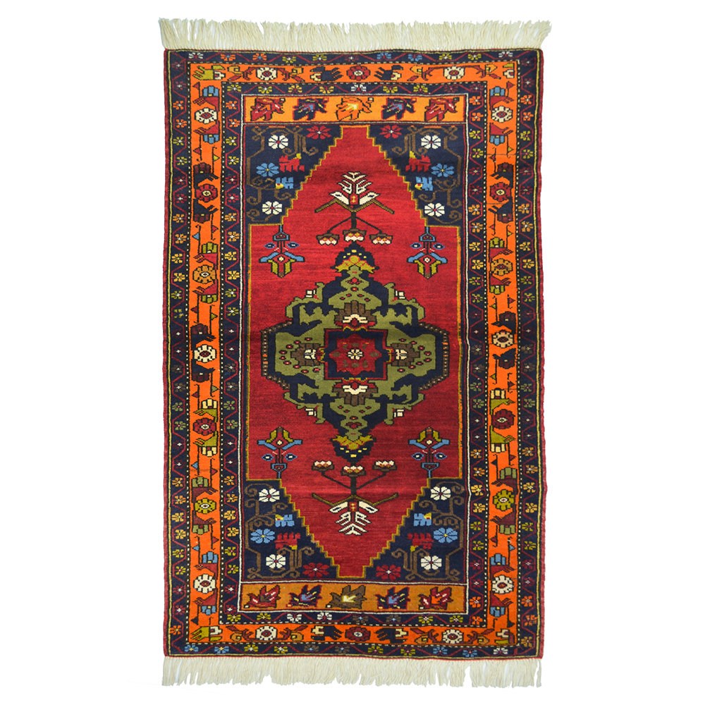 Vintage Niğde El Dokuma Halısı, Madalyon ve Çiçek Motifli 110x190 cm