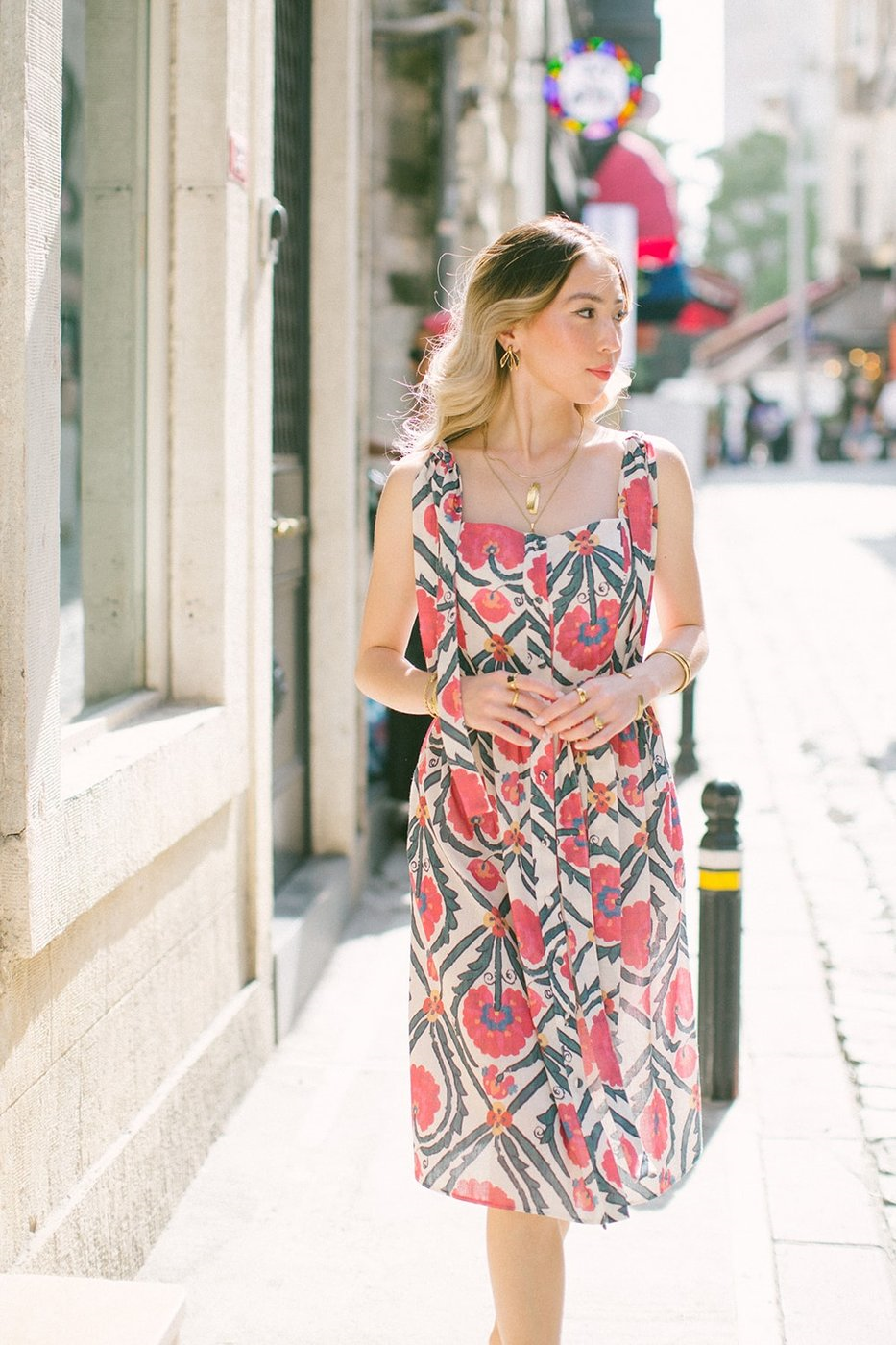 Vintage Suzani Askılı Keten Midi Elbise – Pembe