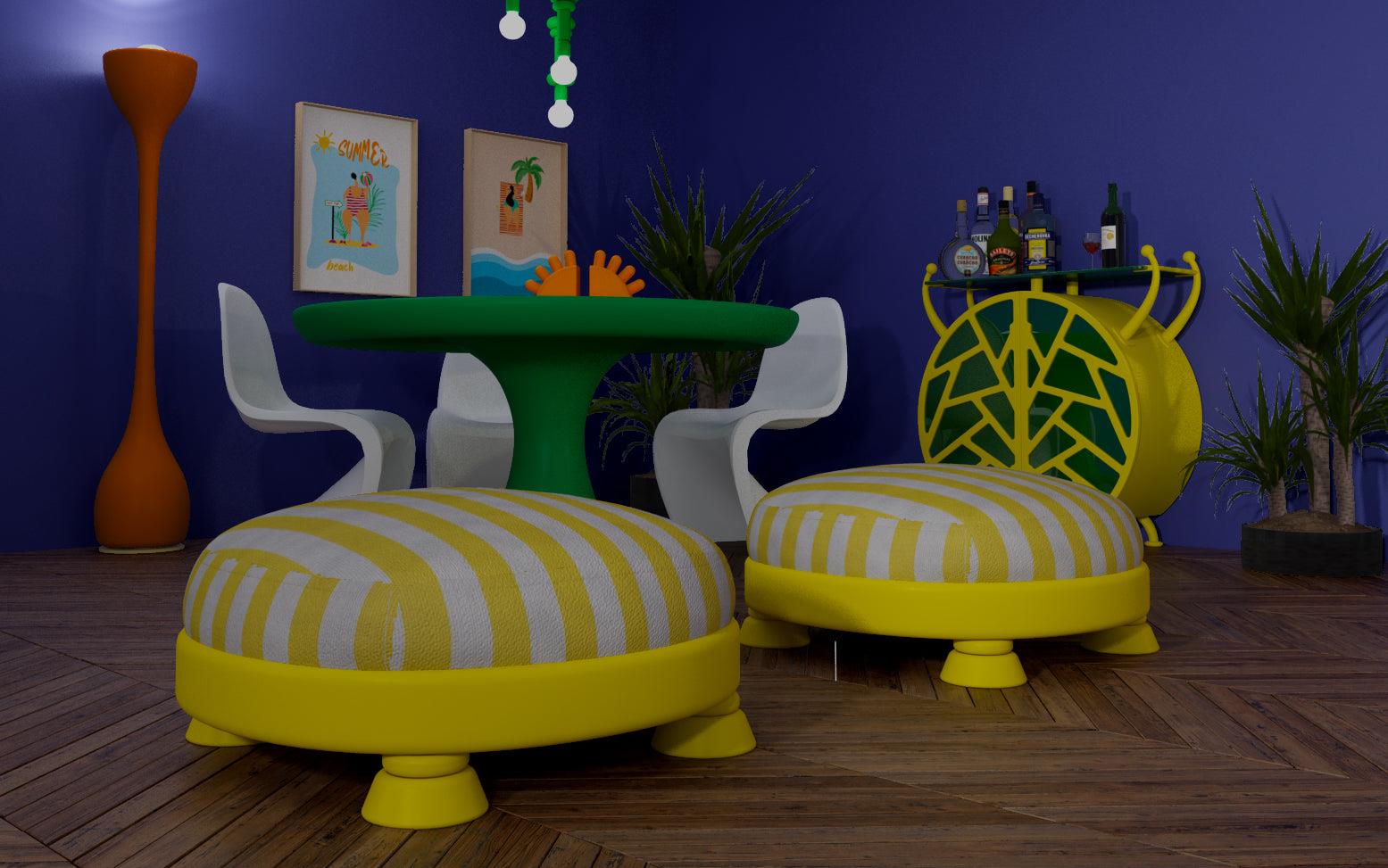 Yellow Mellow Sarı Çizgili Kumaş Puf