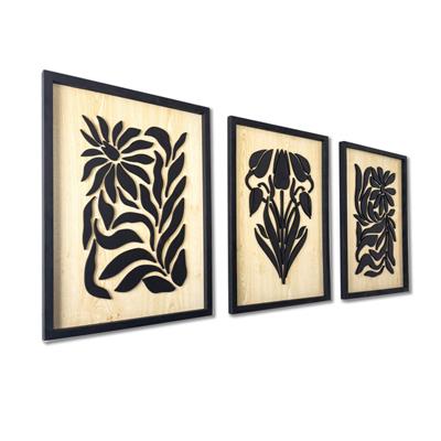 ·Çiçek· 3lü Set Soyut Ahşap Duvar Tablosu