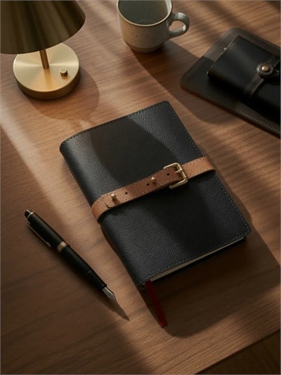 Deri Siyah/Taba Defter Kılıfı
