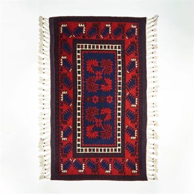 El Dokuma Lacivert Kırmızı Renk Yağcıbedir Halısı 57x108 cm