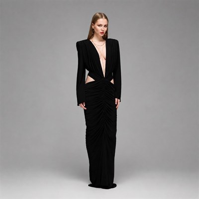 Embla Ruched &  Cut- out Detailed Maxi Dress in Black