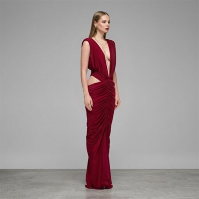 Embla Ruched & Cut- out Detailed Maxi Dress in Burgundy