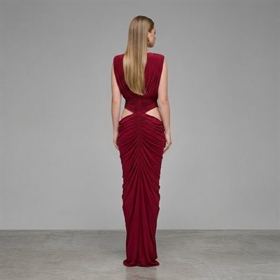Embla Ruched & Cut- out Detailed Maxi Dress in Burgundy