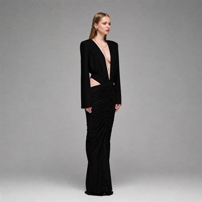 Embla Ruched &  Cut- out Detailed Maxi Dress in Black